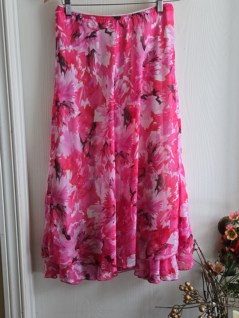 Tradition | Vintage Pink Floral Midi Skirt | Elastic Waist | Double Ruffle Hem - Picture 4 of 11